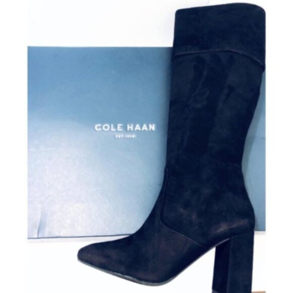 Cole Haan Womens Black Suede Tall Cuffed Leather Block Heeled Boots Sz 9 M NIB